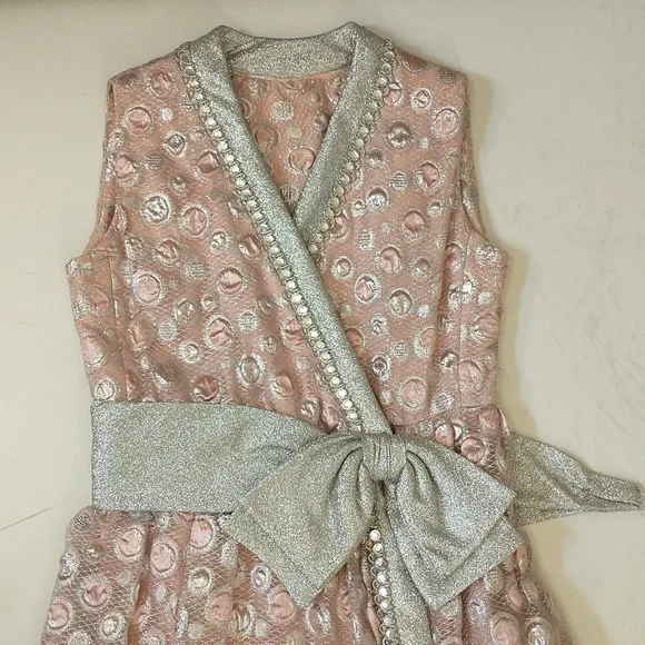 Sixties Silver & Pink Metallic Gown 60s Designer Maxi Feminine Glitter Sz 8 10